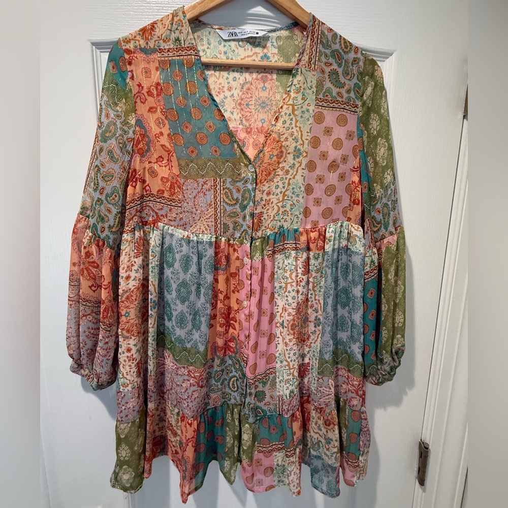 Zara Patchwork Paisley V-Neck Tunic in Teal, Pink, Green & Peach